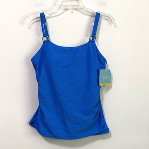 Bal Harbour Ring Top Tankini M Pool Side Blue Ruched Swim Top Beach Padded NEW